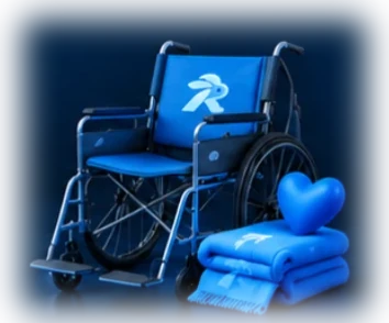 Wheelchair with a folded blanket and a blue heart