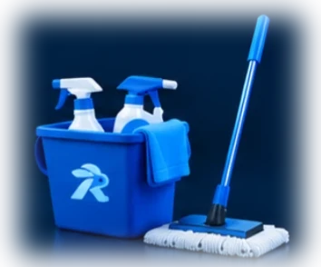Cleaning bucket with spray bottles and a mop