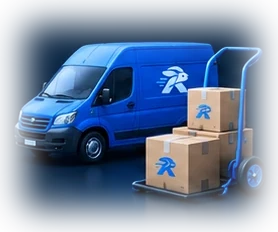 Branded blue van with boxes on a hand truck